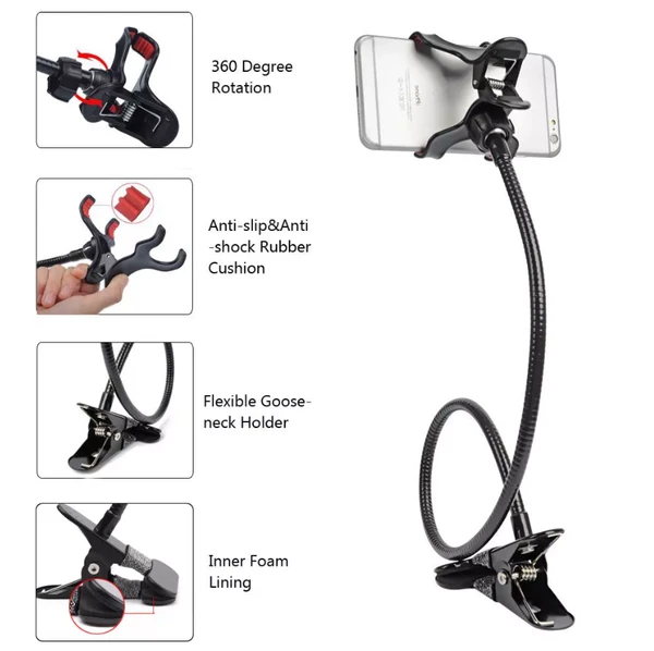29.5-Inch Flexible Gooseneck Phone Holder, Clamp-On Stand for Desk, Table and Bed