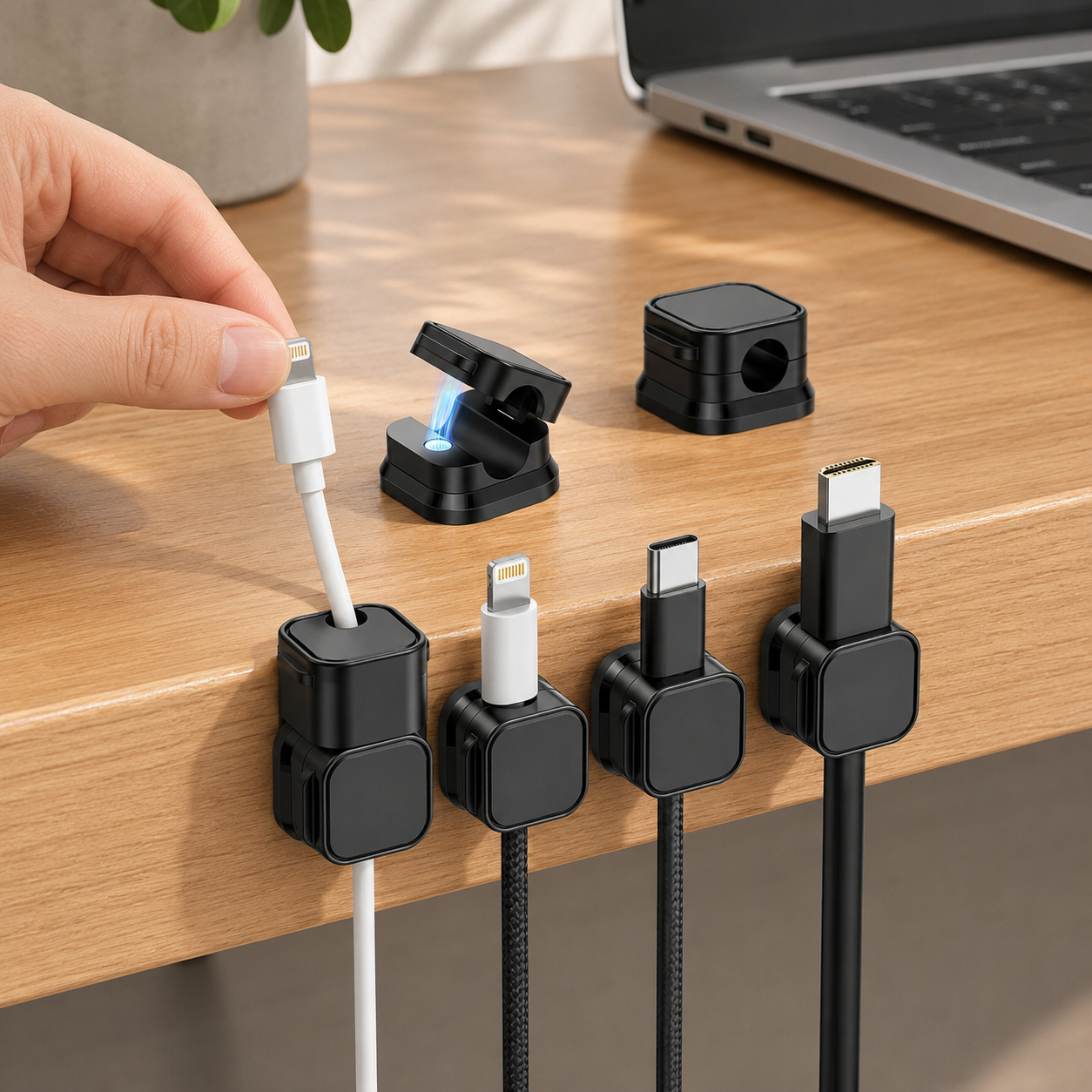 Cable Clips shown routing charging cables on a clean desktop