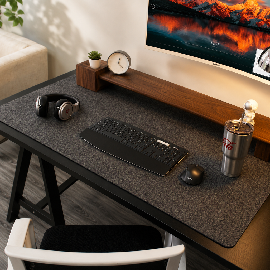 Desk Pad shown beneath a keyboard mouse and laptop on a modern desk