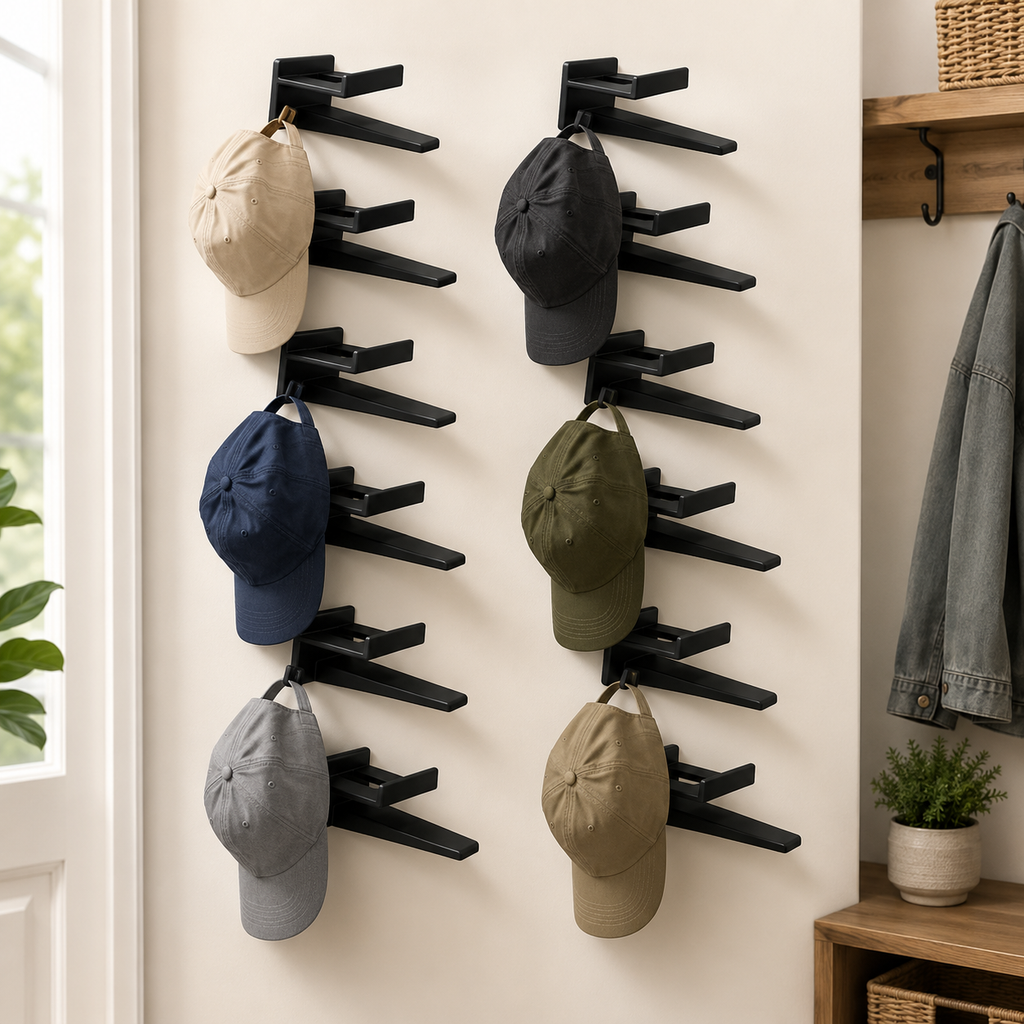 Adhesive Hat Hooks shown displaying baseball caps neatly on a closet wall