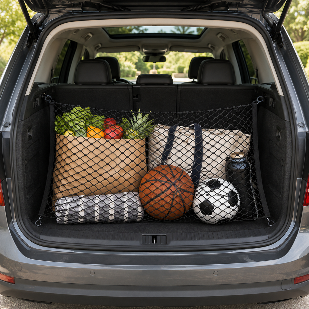 Trunk Cargo Net shown stretched across organized cargo in a vehicle trunk