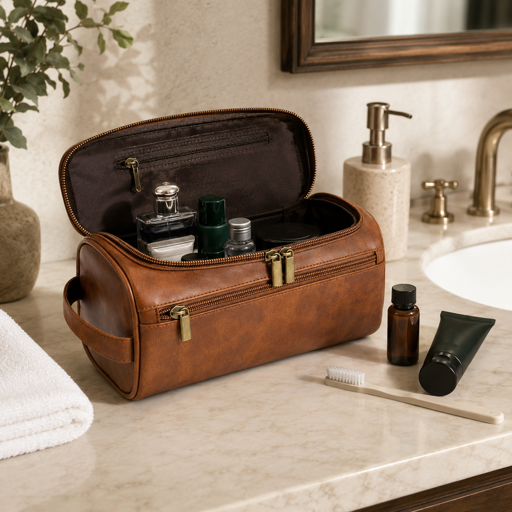 Toiletry Bag shown open on a hotel vanity with grooming essentials organized