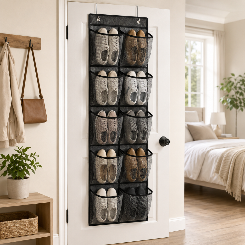 Shoe Organizer shown hanging over a closet door with shoes visible