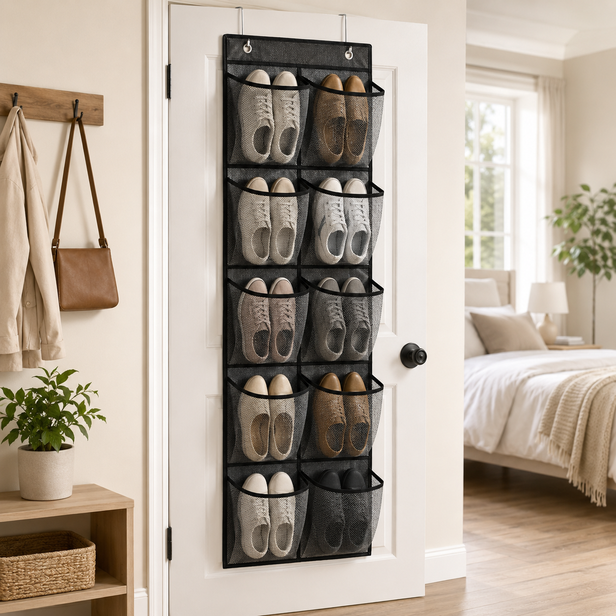 Shoe Organizer shown hanging over a closet door with shoes visible