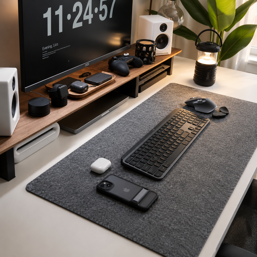 Desk Mat shown beneath a keyboard mouse and laptop in a home office