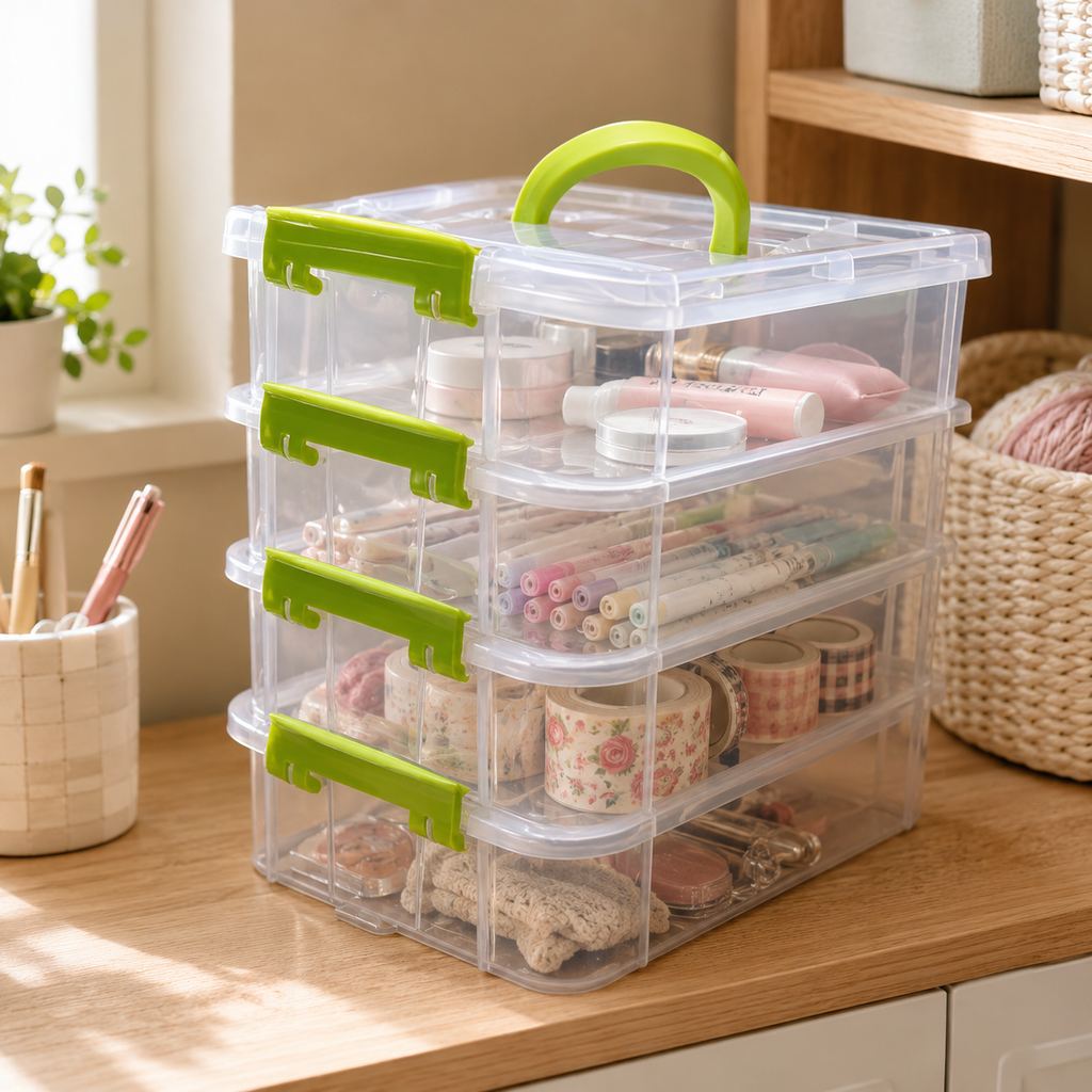 Compartment Storage Box shown open on a craft table with small supplies separated