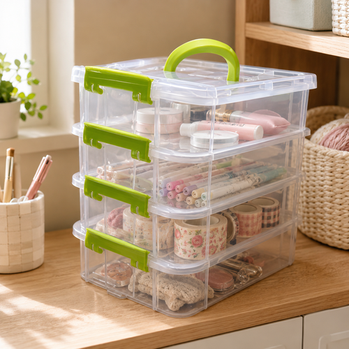 Compartment Storage Box shown open on a craft table with small supplies separated