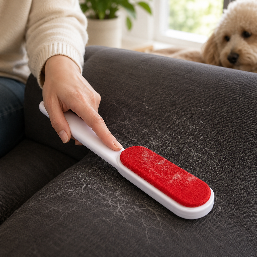 Lint Roller shown being used on a sofa to collect loose pet hair