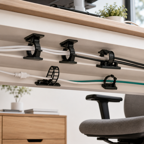 Cable Organizer Clips shown organizing several cables beneath a clean desk