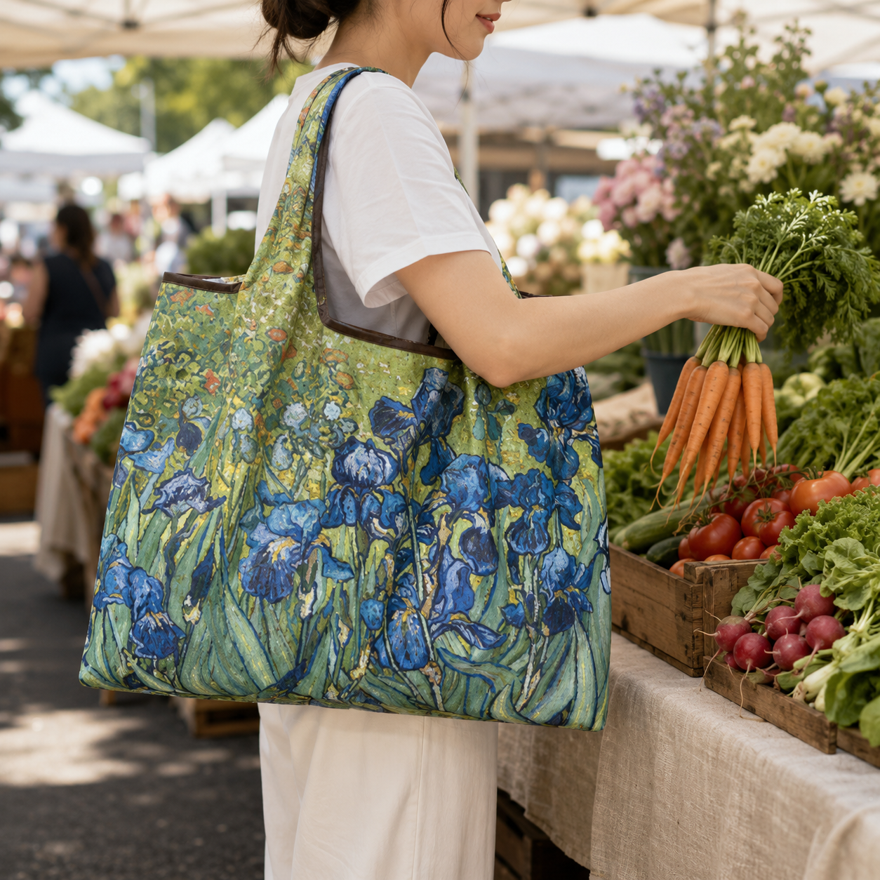 Foldable Shopping Tote shown being carried by a shopper at a bright farmers market